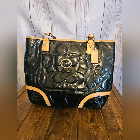 Coach Peyton Black Patent Leather and Tan Tote with Decorative Pattern - Picture 1 of 8